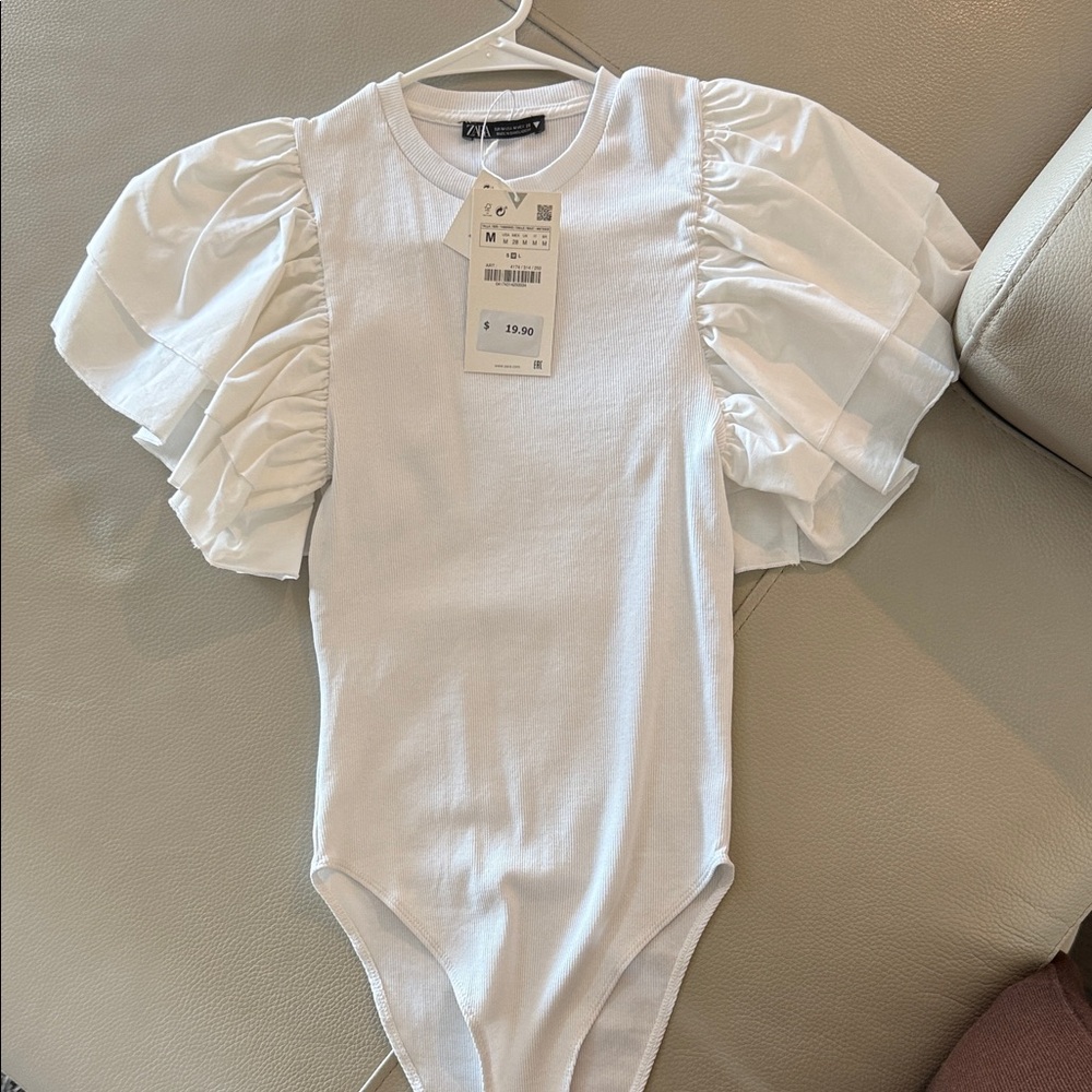 Zara White Ruffle Sleeve Bodysuit